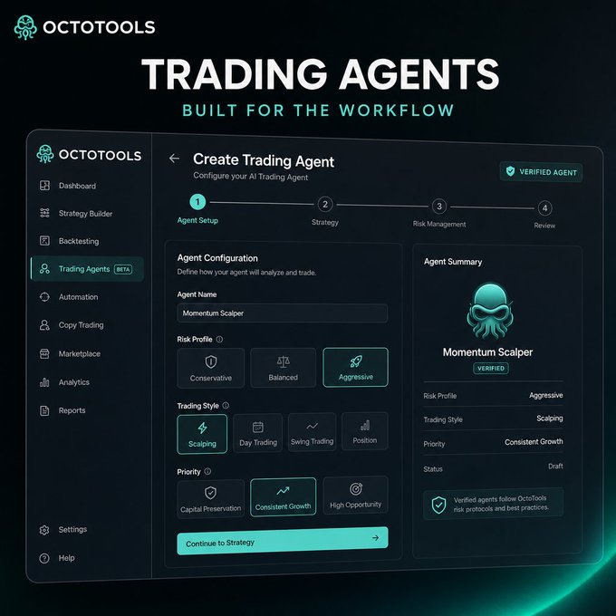 A dark-themed web interface for 'OCTOTOOLS' shows a 'Create Trading Agent' setup screen, with an agent named 'Momentum Scalper' configured for an 'Aggressive' risk profile and 'Scalping' trading style, alongside a sidebar menu listing features like 'Dashboard', 'Strategy Builder', and 'Backtesting'.