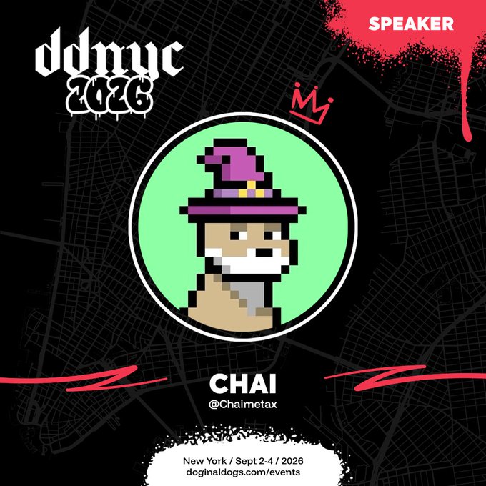 An identical promotional speaker graphic for 'ddmyc 2026' featuring the pixel art dog in a purple wizard hat, naming speaker 'CHAI (@Chaimetax)' for the New York event on Sept 2-4, 2026.
