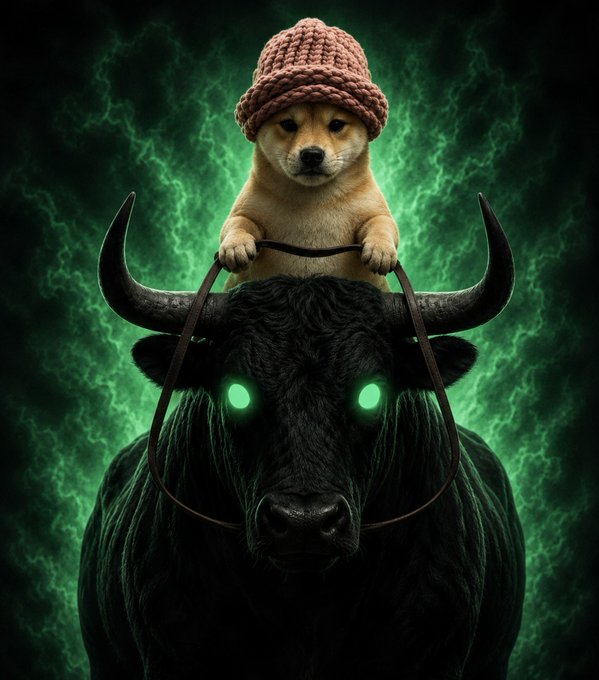 A small puppy wearing a knitted hat rides atop a menacing black bull with glowing green eyes against a dark, mystical green background. The imagery evokes themes of underdog potential and bullish momentum, visually reinforcing the post's claim about $ANSEM's emerging strength and its comparison to $WIF's early growth trajectory.