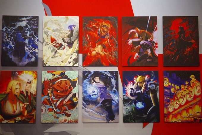 A gallery display of ten Naruto anime-themed art prints arranged in two rows against a red and gray background.