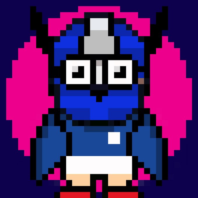 A pixel art illustration of a blue robot-like character wearing glasses, set against a dark blue background with a pink halo.
