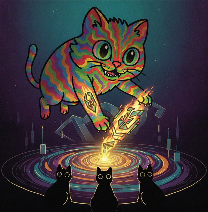 Digital artwork of a colorful, rainbow-striped cat with large green eyes reaching down toward a glowing magical symbol, while three black silhouetted cats watch from below.