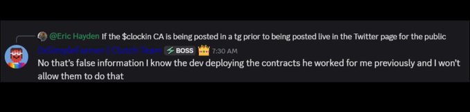 The image shows a Twitter reply from @EricHayden_ stating, "No that's false information I know the dev deploying the contracts he worked for me previously and I won't allow them to do that," responding to a question from @Eric Hayden about $lockin being posted in a Telegram group before Twitter. This illustrates the founder's protective stance against unauthorized sharing, aligning with the post's message about Clock rejecting the TG share to protect the project's launch integrity.