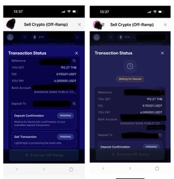 The image shows two side-by-side mobile screenshots of a "Sell Crypto (Off-Ramp)" transaction status page, displaying the conversion of $USDT to Thai Baht (THB) at a rate of 192.27 THB, with a fee of 0.100331 USDT, banking to Bangkok Bank Public Co., Ltd. accounts. The screenshots illustrate the successful off-ramp process described in the post, showing both a completed transaction with "Sell Transaction PENDING" status and a new transaction in "Waiting For Deposit" stage, confirming the user's experience transferring USDT from Orbit Plus Wallet to Thai bank accounts.