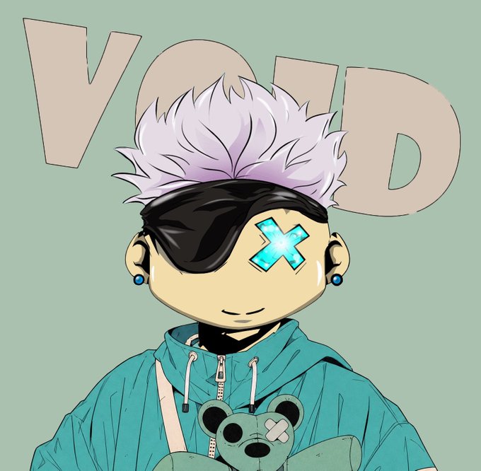 This image features stylized artwork with the word "VOID" prominently displayed, likely representing the @voidiansHOOD NFT collection mentioned in the accompanying giveaway post. The artwork and the post details about supply, mint price, date, and chain (Robinhood) are directly related to the promotion.