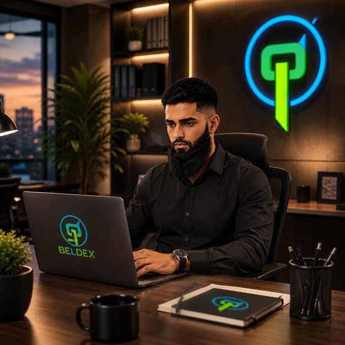 A man with a beard working on a laptop displaying the BelDEX logo, with a large BelDEX logo on the wall behind him.