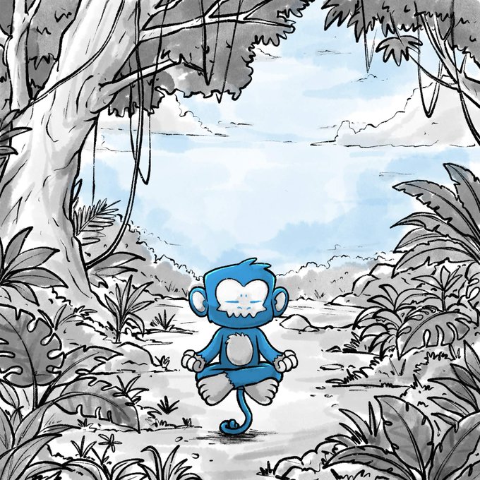 The image features a cartoon monkey sitting in a lotus position, appearing relaxed or meditating-like while surrounded by trees, bushes, and plants typical of an outdoor forest setting.
