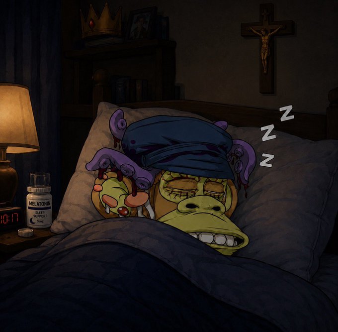 A cartoon image depicting a green goblin-like creature and a small purple octopus sleeping peacefully together in bed, with a "Z" indicating snoring and a bottle of "MELATONIN SLEEP SUPPORT 5mg" on the nightstand next to a digital clock reading "10:17." The "GN CT" (good night) caption pairs with the bedtime scene, while the crucifix on the wall and crown on the shelf hint at a humorous contrast with the cozy, sleepy vibe.