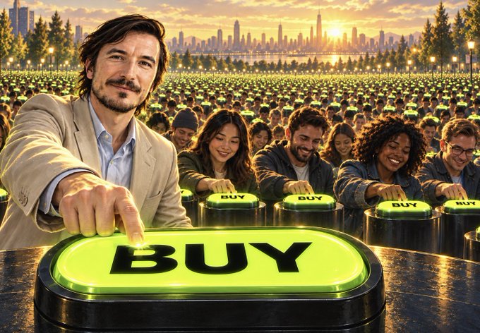 A man in a beige jacket presses a large glowing green "BUY" button while a diverse crowd of people each press their own illuminated "BUY" buttons behind him, set against a cityscape at sunset. The image visually represents the return of the "$BUY" button on Robinhood Chain, emphasizing collective excitement and participation.