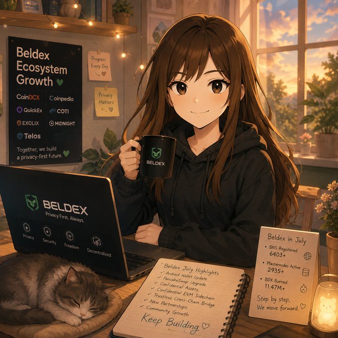 Anime-style illustration of a girl drinking from a BELDEX mug while working on a laptop displaying the Beldex logo, surrounded by notes about 'Beldex July Highlights' and 'Beldex in July' statistics, with a sleeping cat nearby.