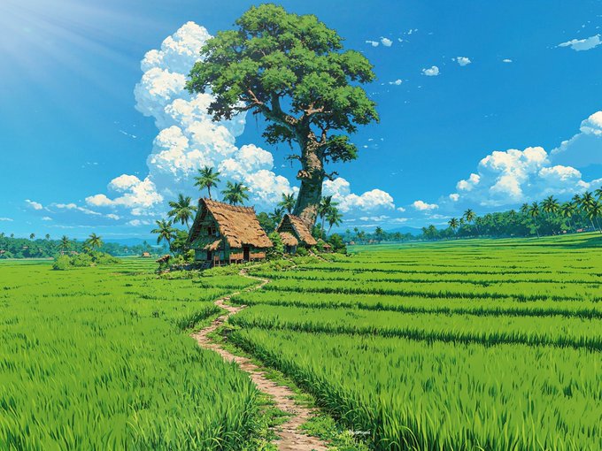 An anime-style illustration of a serene rural landscape with a thatched-roof hut, a large tree, and a winding dirt path through lush green rice paddies under a blue sky with fluffy white clouds.