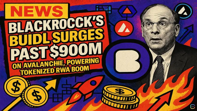 A bold news graphic featuring a man in glasses (resembling BlackRock's Larry Fink) alongside the headline "BLACKROCK'S BUIDL SURGES PAST $900M ON AVALANCHE, POWERING TOKENIZED RWA BOOM," with the BlackRock "B" logo, flame illustrations, rockets, and gold coins emphasizing the explosive growth of BlackRock's tokenized fund on the Avalanche blockchain.