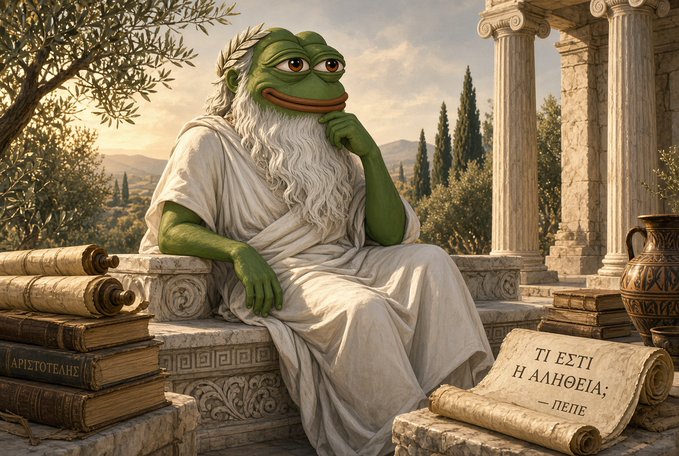 A digital illustration of an elderly green frog-like philosopher with a white beard, sitting among scrolls and books in a Greek temple setting, with a scroll reading 'ΤΙ ΕΣΤΙ Η ΑΛΗΘΕΙΑ;' (Greek for 'What is truth?').