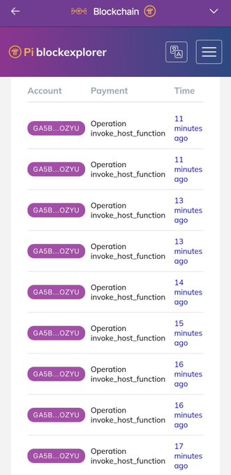 The Pi Block Explorer screenshot displays multiple recent transactions from the account GA5B...OZYU, all labeled as "Operation invoke_host_functon" (with "function" misspelled) occurring between 11 and 17 minutes ago, supporting the post's claim that Pi Network's Testnet is now executing smart contract host function invocations.