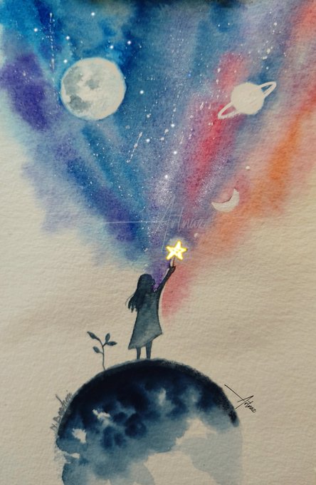 A watercolor painting of a silhouetted girl standing on a small planet holding a star up toward a colorful cosmic sky featuring a moon, Saturn, and a crescent moon.