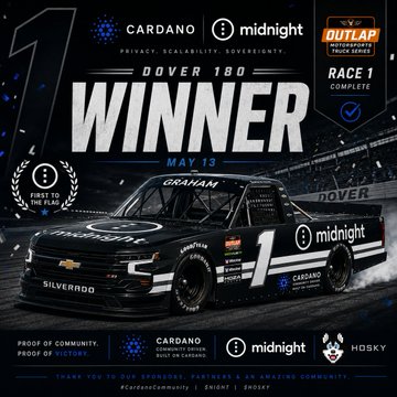 The image features a black Chevrolet Silverado truck racing car with the number 1 on its side, driving down a track during a race event. The text "Winners" is prominently displayed above the truck's headlight, indicating that it has won an award or recognition. The background of the image shows a racetrack and other cars participating in the same event.