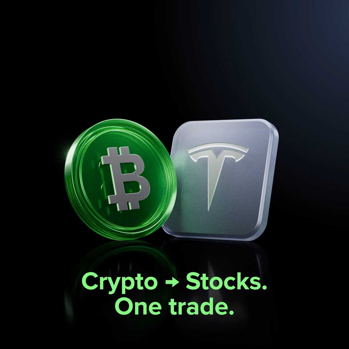 A green Bitcoin coin and a silver Tesla stock icon sit side by side on a reflective black surface, with the caption "Crypto → Stocks. One trade." beneath them. The image visually reinforces the post's message about Uphold's seamless one-step trading between cryptocurrencies and U.S. stocks like Tesla, highlighting features like zero commission and low minimum investments.