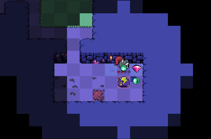 A pixel-art dungeon scene showing a character near collectibles like a diamond, lightning orb, and green orb on a checkered purple floor.