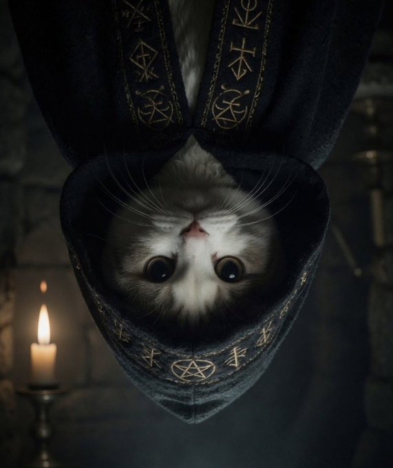 In this image, a cat is seen wearing a black cape and holding onto a lit candle with its paws. The cat's eyes are wide open as it appears to be staring directly into the camera. It seems to have taken the pose of being upside down from the photographer's perspective. This creative presentation captures the attention of many viewers due to the unique subject matter, which includes elements such as a candle and a witch's outfit.