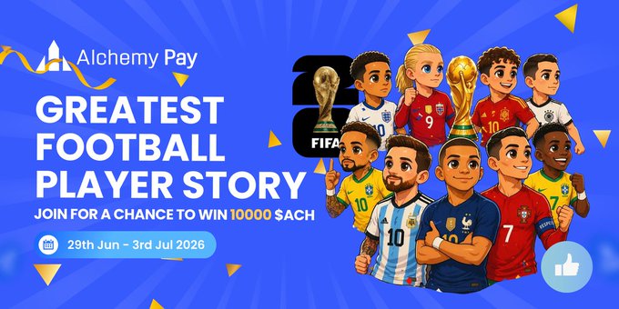 The image is a blue promotional banner from Alchemy Pay titled "GREATEST FOOTBALL PLAYER STORY," featuring cartoon illustrations of famous soccer players (including recognizable figures like Messi, Mbappé, and Ronaldo) alongside a FIFA World Cup trophy. It announces a contest running from 29th Jun - 3rd Jul 2026 with a chance to win $10,000, visually tying into the tweet's invitation for users to share their favorite legendary football player stories.