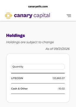 A mobile website screenshot from canaryetfs.com showing Canary Capital holdings as of 09/21/2026, with 133,865.57 LITECOIN and -10.02 Cash & Other.
