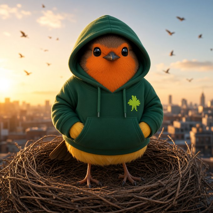 A cute digital illustration shows a small yellow and orange bird wearing an oversized green hoodie, sitting in a twig nest against a sunset cityscape with birds flying in the background.