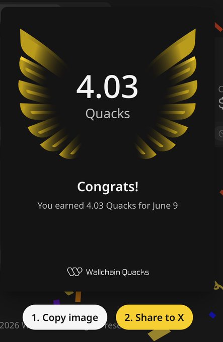 The image shows a screenshot of a mobile phone screen displaying a gold trophy with a bird's wing design, accompanied by text that congratulates the user for earning 4.03 Quacks. The trophy also mentions that the user has earned 4.03 Quacks in June 9th.