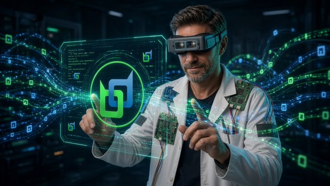 A middle-aged man wearing AR glasses and a white lab coat over a circuit-patterned shirt, manipulating a holographic interface displaying a large green "bj" logo surrounded by flowing data streams.