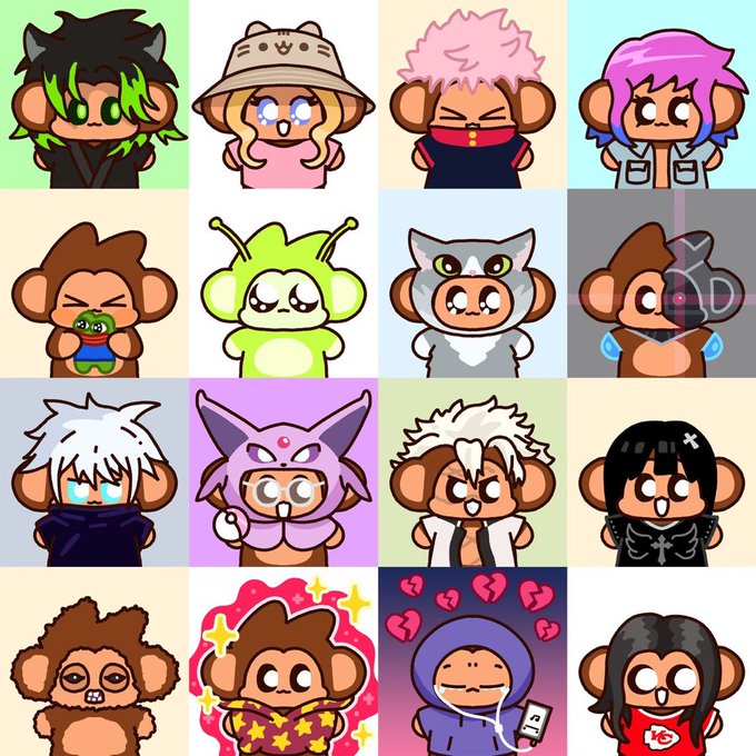 A 4x4 grid of 16 cartoon monkey NFT characters featuring various costumes, hairstyles, and accessories like a robot, bear suit, and various pop culture references.
