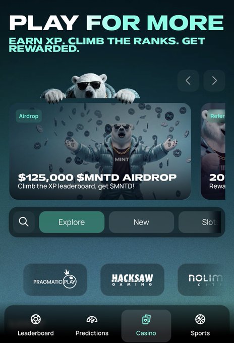 A mobile app screenshot advertising a gambling platform with text 'PLAY FOR MORE', 'EARN XP. CLIMB THE RANKS. GET REWARDED.', and a '$125,000 $MNTD AIRDROP' promotion featuring a polar bear mascot in sunglasses.