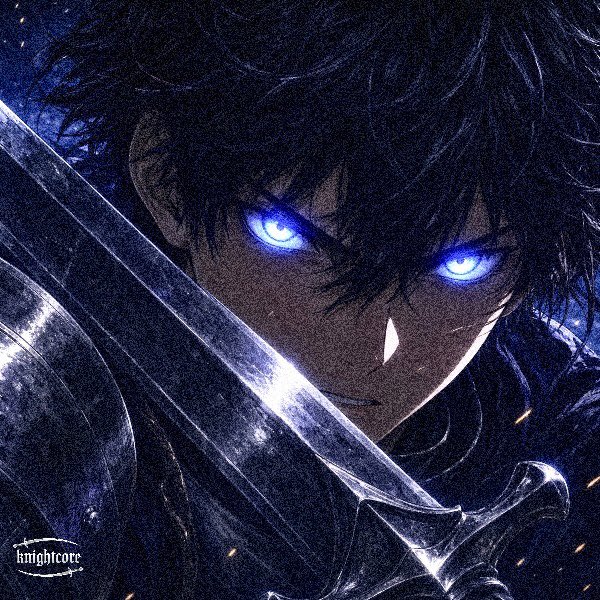 An anime-style illustration of a dark-haired character with glowing blue eyes holding a sword, with the text "knightcore" visible in the bottom left corner.
