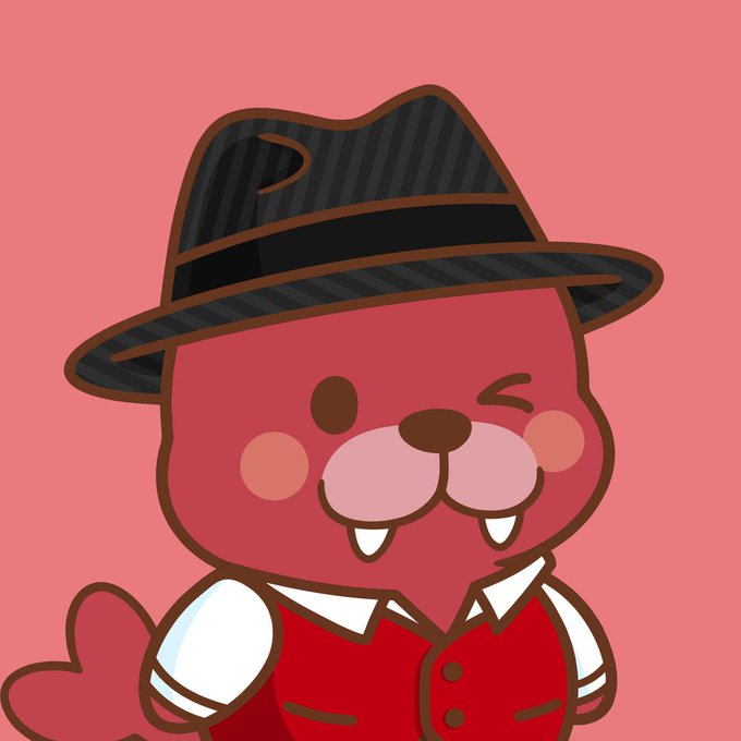 A cartoon illustration of a pink beaver-like character wearing a black fedora and a red vest with buttons, set against a solid pink background.