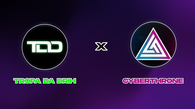 A graphic announcing a collaboration between 'TROPA DA BRIH' (TDD) and 'CYBERTHRONE,' featuring their respective circular logos against a dark purple background.