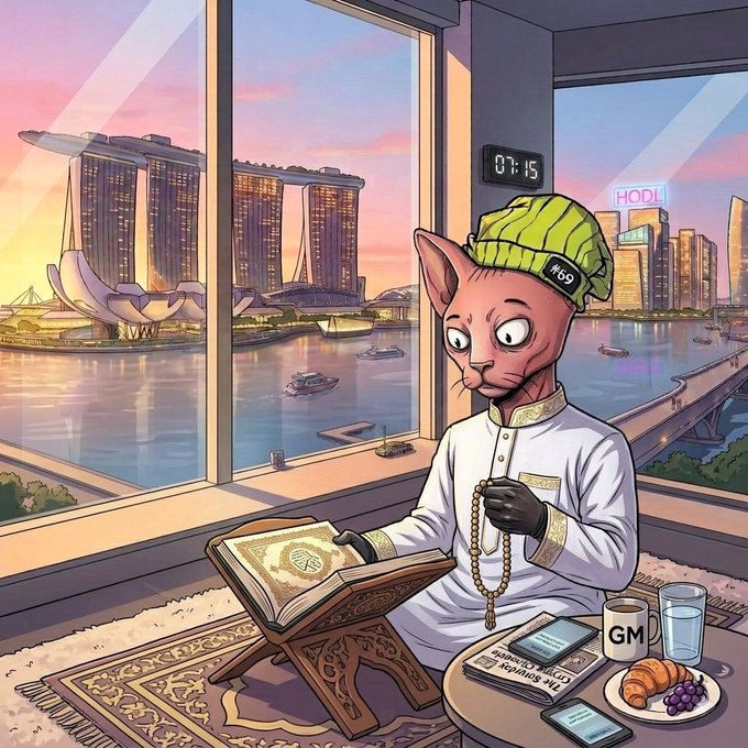 An AI-generated illustration shows a cat-like figure wearing a green beanie and white traditional clothing, reading a book with prayer beads, while looking out a window at a futuristic cityscape with a 'HODL' sign.