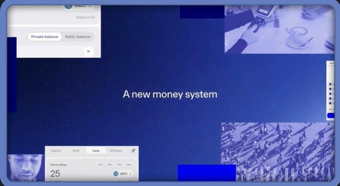 A digital interface screen titled 'A new money system' with USD balance options like Deposit, Send, and Swap visible.
