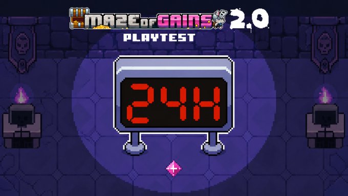 Title screen for 'Maze of Gains 2.0 Playtest' featuring pixel art style, with a digital display showing the number 2414 in red digits flanked by skull sconces.