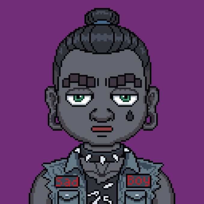 A pixel art character portrait of a person with gray skin, a top bun, and a denim jacket with red patches reading '5.3d' and 'Goy', set against a purple background.