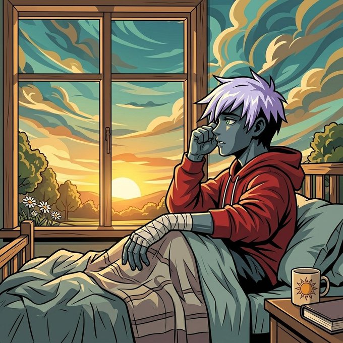 An anime-style illustration of a silver-haired character with a bandaged arm sitting contemplatively on a bed, looking out a window at a sunset, with a sun-design mug on the nightstand.