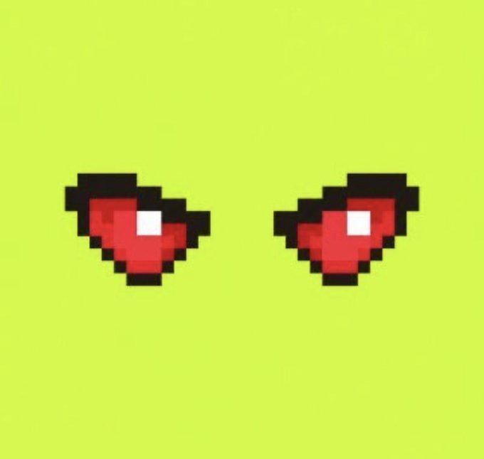 A pixel art image showing two red heart icons, each with a white highlight, on a bright lime-green background.