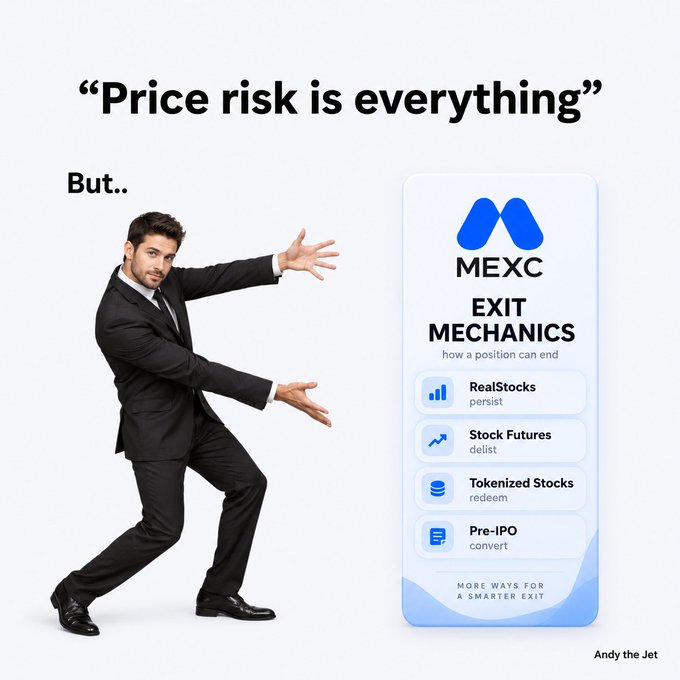 Promotional graphic with the text 'Price risk is everything' showing a man in a suit gesturing toward a mobile app interface for MEXC Exit Mechanics, featuring RealStocks, Stock Futures, Tokenized Stocks, and Pre-IPO options, credited to Andy the Jet.