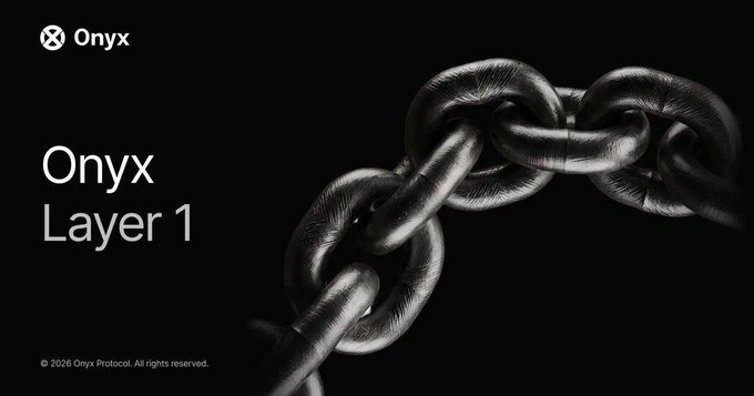 A dark, sleek promotional graphic featuring an image of heavy metal chain links alongside the Onyx logo and the text "Onyx Layer 1," with a footer reading "© 2026 Onyx Protocol. All rights reserved." The imagery of an unbreakable chain visually reinforces the post's message about $XCN being securely bridged to the Onyx Layer 1, symbolizing strength and interconnection.