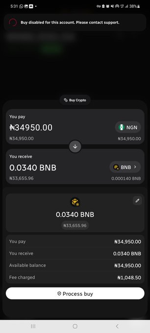 Mobile screenshot of a 'Buy Crypto' screen showing a transaction to purchase 0.0340 BNB for ₦34,950.00 NGN, with a notification at the top stating 'Buy disabled for this account. Please contact support.'