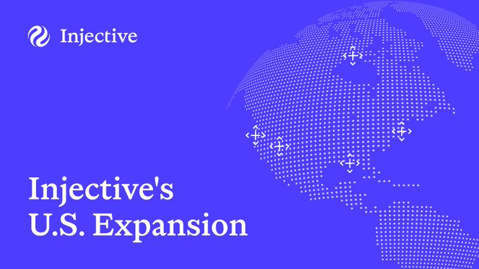 A blue promotional graphic displays the Injective logo and the title “Injective’s U.S. Expansion,” alongside a dotted map of North America marked with several location icons. It illustrates Injective’s years of regulatory preparation with the SEC and CFTC in the U.S. and its goal of becoming the first regulated layer 1 for onchain finance.