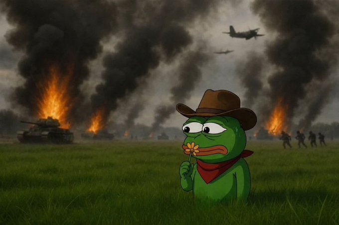 Image 3: A cartoon Pepe the Frog character wearing a cowboy hat and red bandana, holding a flower, set against a backdrop of a battlefield with burning tanks and military aircraft.
