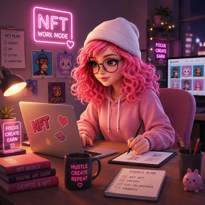A stylized 3D illustration of a pink-haired anime-style girl in a beanie working at a laptop, with neon signs reading 'NFT WORK MODE' and 'FOCUS CREATE EARN' visible in her creative workspace.