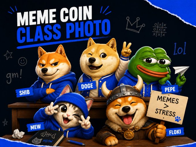 The image features a group of five Shiba Inu dogs wearing blue jackets and holding signs with messages such as "Memes stress" and "MEMES". The dogs are arranged in two rows, with three dogs in each row. One dog is positioned on top of a wooden desk, while the other four dogs are sitting on a bench or a chair.