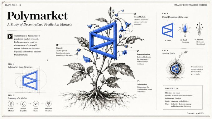 Infographic titled 'Polymarket: A Study of Decentralized Prediction Markets' featuring the blue logo, botanical illustrations, and diagrams explaining event markets, liquidity, centralization, and information.