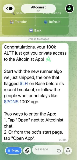 A Telegram bot message from Altcoinist congratulating the user on 100k ALTT granting private app access, mentioning a runner algo that flagged $LFI before its breakout and $PONS 100X.