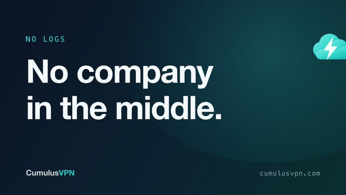 Dark teal advertisement for CumulusVPN with the tagline 'NO LOGS - No company in the middle' and the website cumulusvpn.com.
