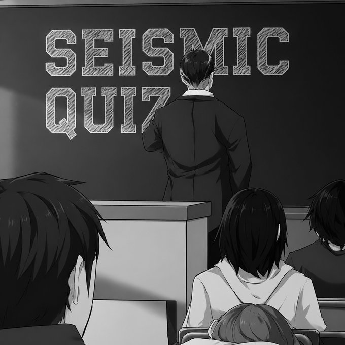 A black-and-white illustration of a teacher writing "SEISMIC QUIZ" on a chalkboard while students are seated in a classroom, viewed from behind.